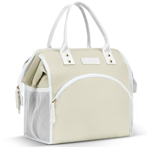 LOKASS Insulated Lunch Bag, Durable Nylon Snacks Organizer, Grey — PU Leather-Beige