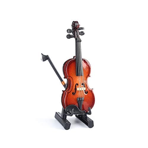 Dselvgvu Miniature Wooden Violin Set with Stand, Bow, and Case - Dollhouse Decor (3.15x1.18x0.59)