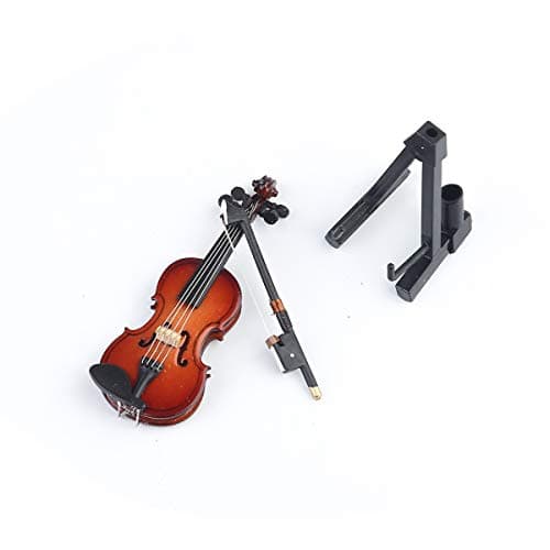 Dselvgvu Miniature Wooden Violin Set with Stand, Bow, and Case - Dollhouse Decor (3.15x1.18x0.59)