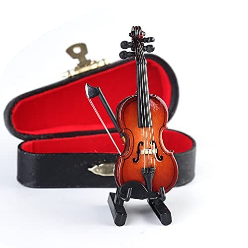 Mini Wooden Violin Set with Stand, Bow, and Case for Dollhouse Decoration (3.15x1.18x0.59)