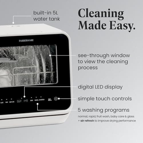 Farberware Portable Countertop Dishwasher - 5-Program, 5-Liter Tank for Home, RV, and More