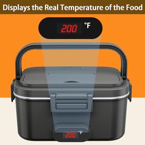 80W Heated Stainless Steel Lunch Box with Temperature Display for Adults (Black)