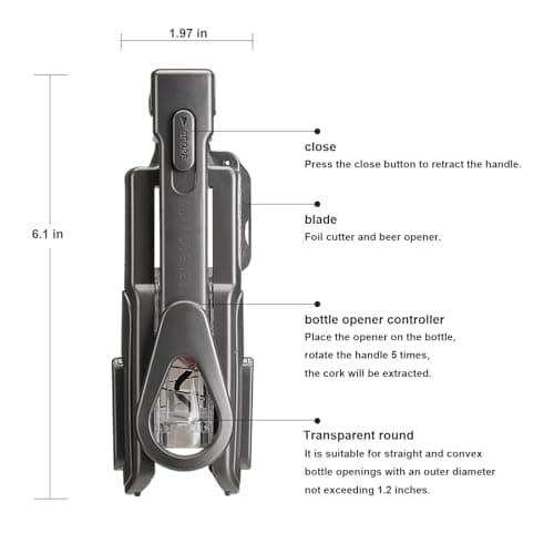 Black Easy-to-Use Wine Opener with Foil Cutter, 6 Inches Light and Compact