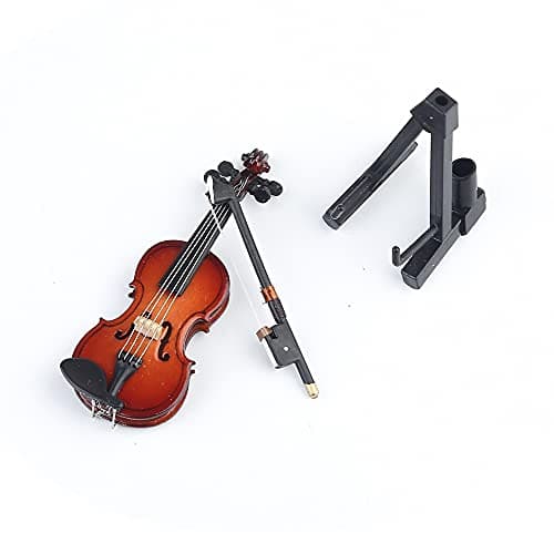 Mini Wooden Violin Set with Stand, Bow, and Case for Dollhouse Decoration (3.15x1.18x0.59)