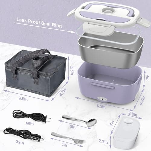 Purple 12V/24V/110V 60W-80W Heated Lunch Box, Portable Food Warmer with Removable 304 SS Container