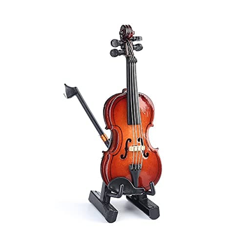 Mini Wooden Violin Set with Stand, Bow, and Case for Dollhouse Decoration (3.15x1.18x0.59)