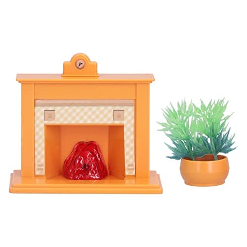 Zerodis 1:12 Scale Dollhouse Mini Fireplace with Potted Plant & Clock (Orange, Plastic)