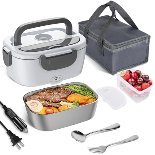 Vabaso 80W Portable Electric Lunch Box for Adults – 1.5L Stainless Steel Food Warmer for Work, Men, Car, and Truck — Gray-White