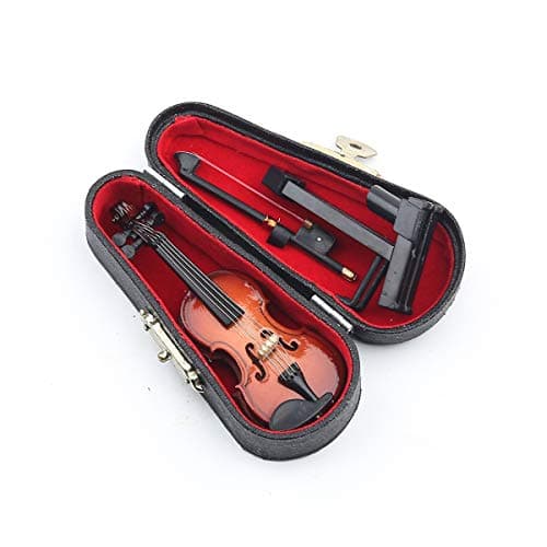 Dselvgvu Miniature Wooden Violin Set with Stand, Bow, and Case - Dollhouse Decor (3.15x1.18x0.59)