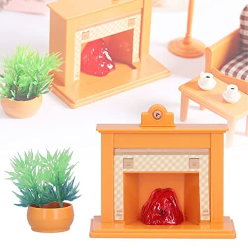 Zerodis 1:12 Scale Dollhouse Mini Fireplace with Potted Plant & Clock (Orange, Plastic)