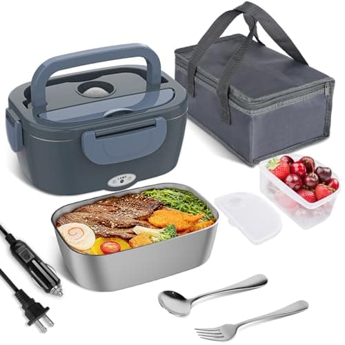 Vabaso 80W Portable Electric Lunch Box for Adults – 1.5L Stainless Steel Food Warmer for Work, Men, Car, and Truck — Blue Gray