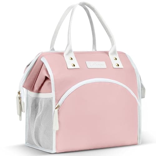 LOKASS Insulated Lunch Bag, Durable Nylon Snacks Organizer, Grey — PU Leather-Pink