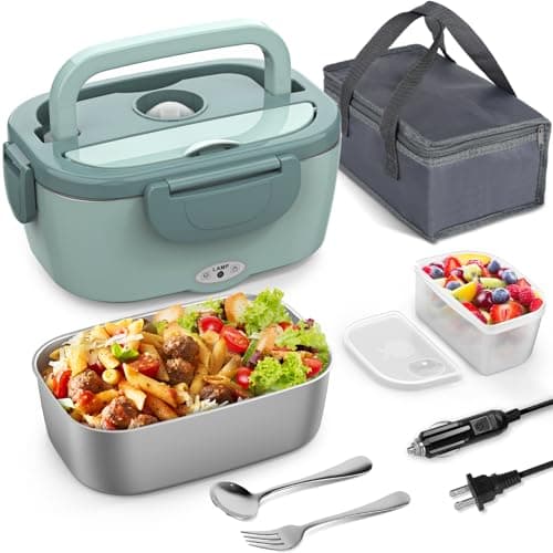 3-in-1 Electric Lunch Box for Adults - Portable Heated Lunch Box with 1.5L Stainless Steel Container for Office, Car, and Truck (110V, 24V, 12V) - Black/Grey — Light Green