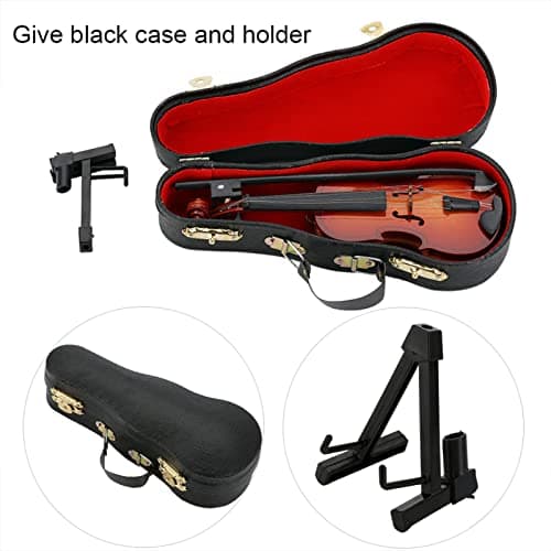 Vintage Wood Miniature Violin with Case & Stand, Home Office Decor, Brown