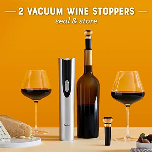 Oster Black Electric Wine Opener Set: Corkscrew, Foil Cutter, Pourer, and Vacuum Stoppers