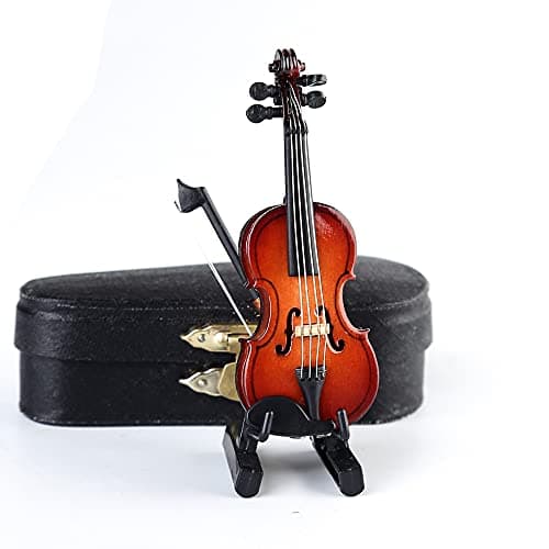 Mini Wooden Violin Set with Stand, Bow, and Case for Dollhouse Decoration (3.15x1.18x0.59)