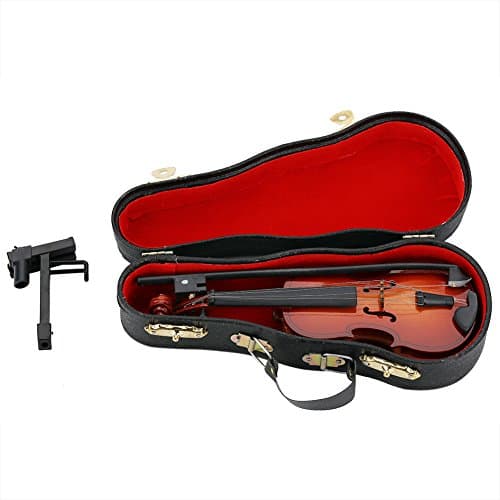 Vintage Wood Miniature Violin with Case & Stand, Home Office Decor, Brown