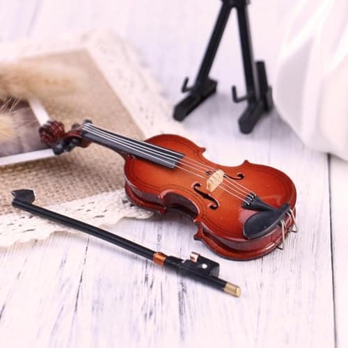 Wooden Mini Violin with Stand, Musical Dollhouse Model & Gift