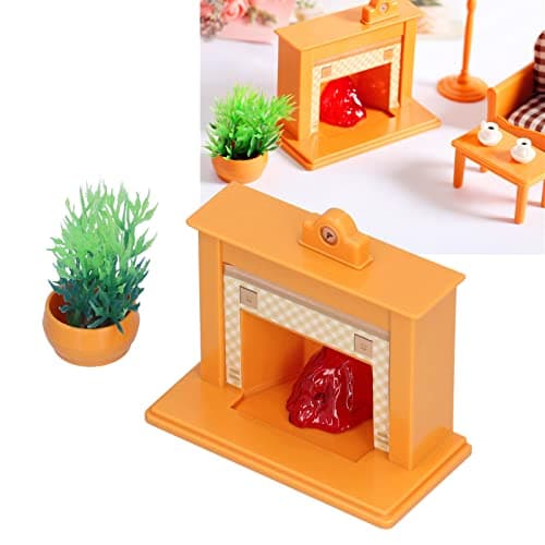 Zerodis 1:12 Scale Dollhouse Mini Fireplace with Potted Plant & Clock (Orange, Plastic)