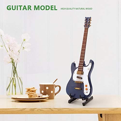 Zerodis Mini Wooden Electric Guitar Model with Display Stand for Dollhouses and Home Decor