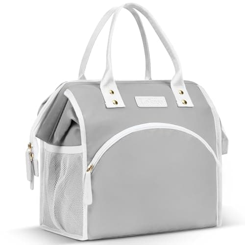 LOKASS Insulated Lunch Bag, Durable Nylon Snacks Organizer, Grey — PU Leather-Gray