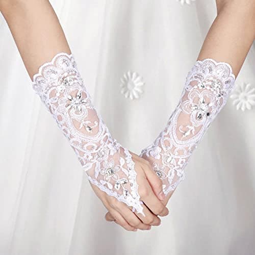 Lacey Ivory Rhinestone Fingerless Gloves for Brides or Prom Party