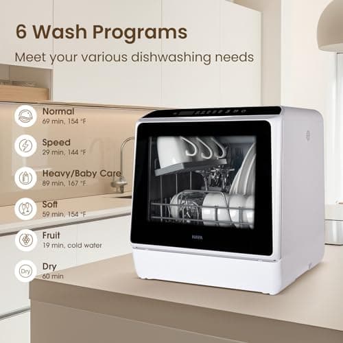 Portable HAVA Dishwasher, 6 Programs, 5L Water Tank, Air-Drying, Baby Safe
