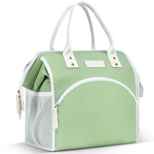 LOKASS Insulated Lunch Bag, Durable Nylon Snacks Organizer, Grey — PU Leather-Green