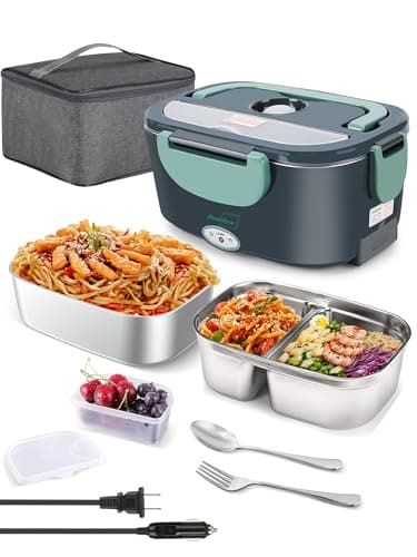 Buddew 80W Dual Container Electric Lunch Box with Heater and Insulated Bag (Green)