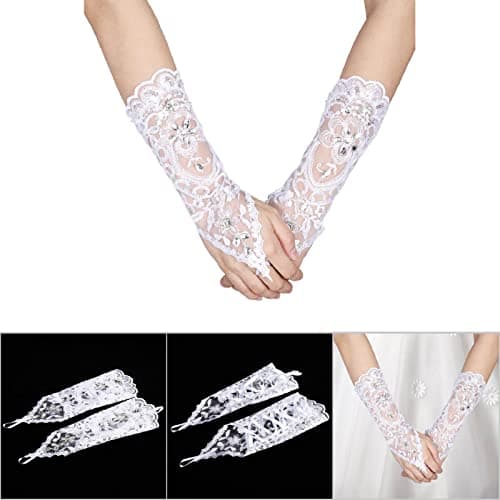 Lacey Ivory Rhinestone Fingerless Gloves for Brides or Prom Party