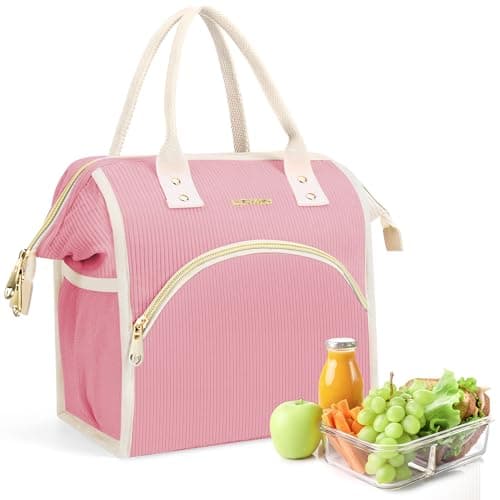 LOKASS Insulated Lunch Bag, Durable Nylon Snacks Organizer, Grey — Corduroy-Pink
