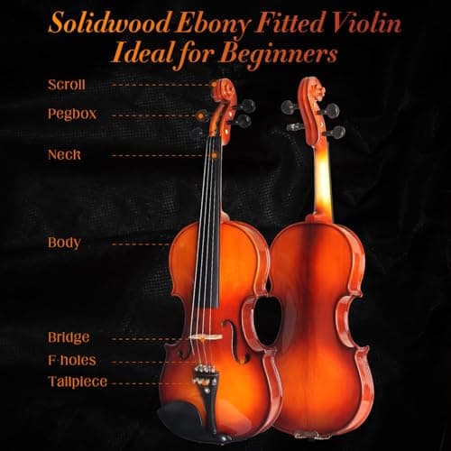 CVN-300 Solidwood Ebony Violin for Beginners with Strings, Bow, Rosin & Case, Size 1/2