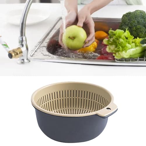 Blue Round Plastic Double Layer Kitchen Strainer Bowl Set for Fruit and Vegetable Wash