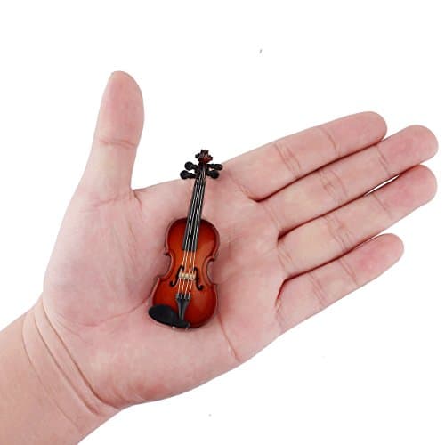 Dselvgvu Miniature Wooden Violin Set with Stand, Bow, and Case - Dollhouse Decor (3.15x1.18x0.59)