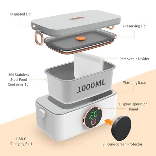 1L Rechargeable Heated Lunch Box with Cutlery & Insulated Bag for Travel, Picnic, Camping