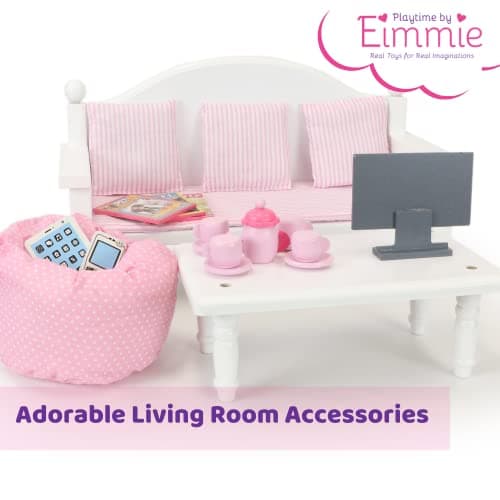 Eimmie 18 Inch Doll Furniture Set - White Wooden Couch & Coffee Table, Living Room Accessories