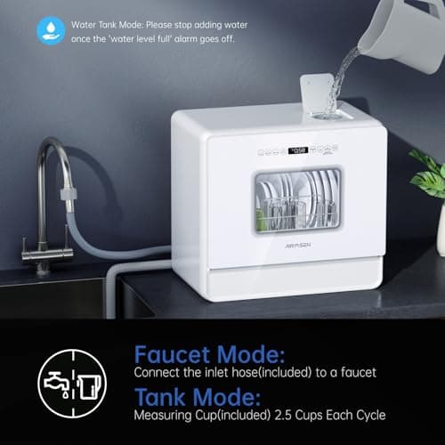 AIRMSEN Portable 5L Water Tank Dishwasher, 2-Level Rack, 3-Spray Arms, 12H Delay Start, White