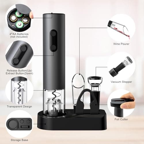 COKUNST 4-in-1 Electric Wine Opener Set – Cordless Corkscrew with Foil Cutter, Pourer, and Vacuum Stoppers – Perfect Gift for Home Parties