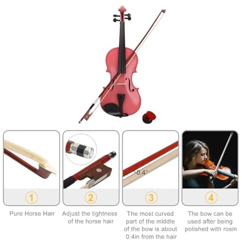 Beginner Violin Fiddle with Case Bow & Rosin, Pink Violin Set