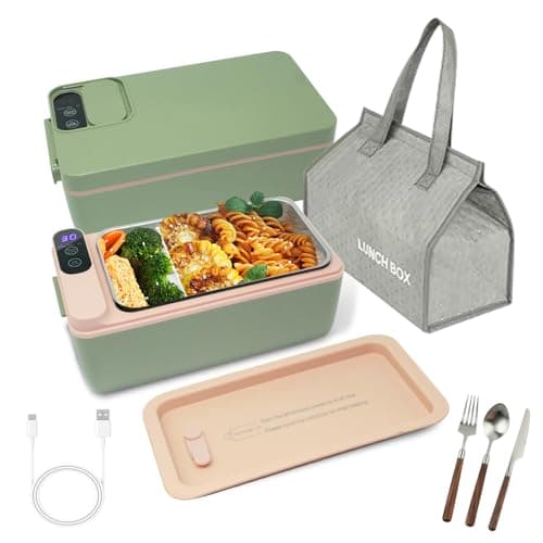 Battery-Powered Heated Lunch Box, 1L Adjustable Heating Time, Insulated Bag Included — Green