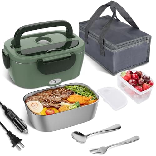 Vabaso 80W Portable Electric Lunch Box for Adults – 1.5L Stainless Steel Food Warmer for Work, Men, Car, and Truck — Dark Green