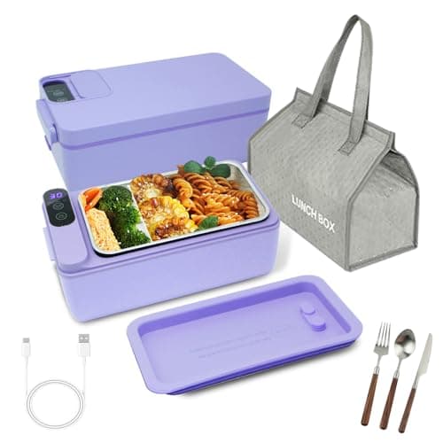 Battery-Powered Heated Lunch Box, 1L Adjustable Heating Time, Insulated Bag Included — Purple