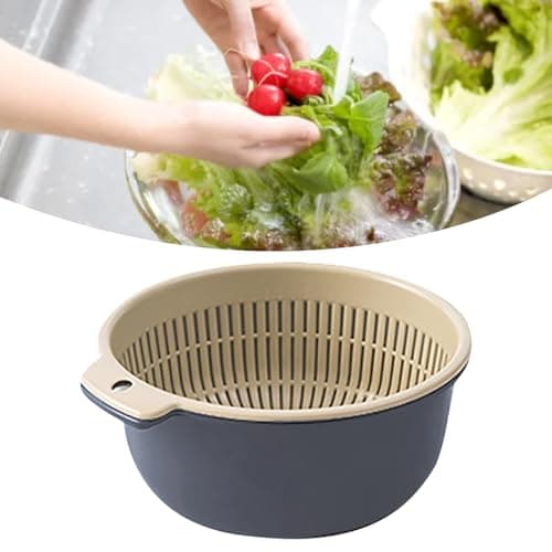 Blue Round Plastic Double Layer Kitchen Strainer Bowl Set for Fruit and Vegetable Wash