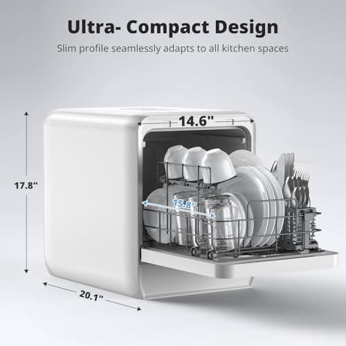 AIRMSEN 14.6" Ultra-Narrow 5L Portable Countertop Dishwasher, 9 Programs, White
