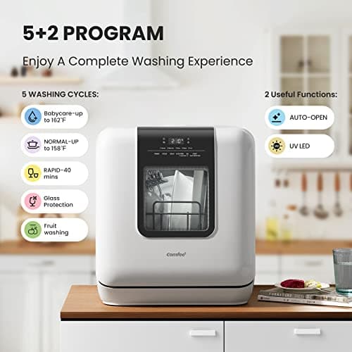 COMFEE Portable Countertop Dishwasher, 6L Water Tank, 7 Programs, UV Hygiene, White