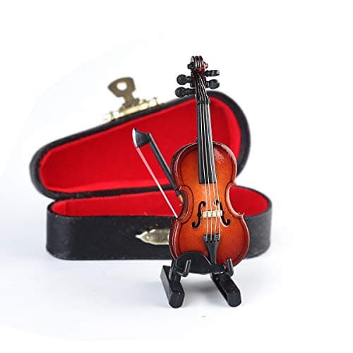 Dselvgvu Miniature Wooden Violin Set with Stand, Bow, and Case - Dollhouse Decor (3.15x1.18x0.59)