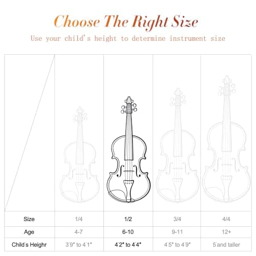CVN-300 Solidwood Ebony Violin for Beginners with Strings, Bow, Rosin & Case, Size 1/2