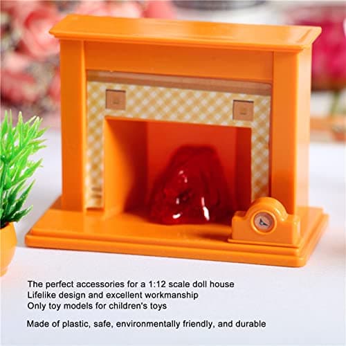 Zerodis 1:12 Scale Dollhouse Mini Fireplace with Potted Plant & Clock (Orange, Plastic)