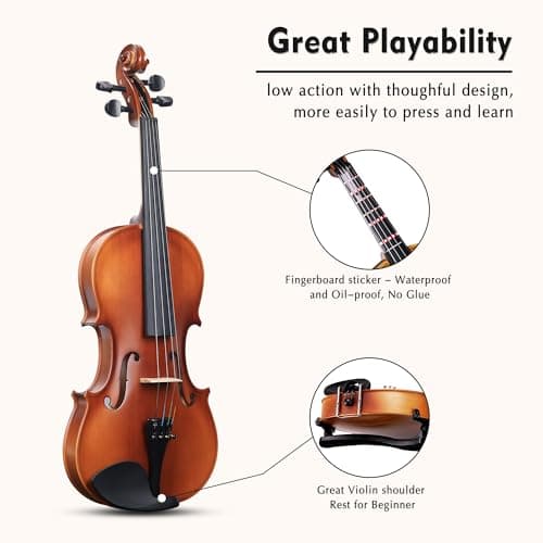 Adm 3/4 Size Wood Violin Set for Beginners with Case, Rosin, Bow, Tuner