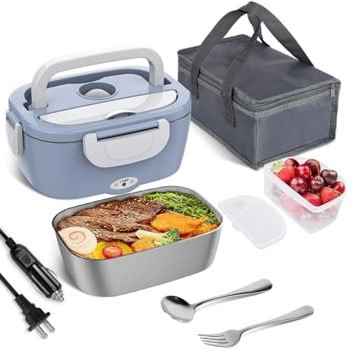 Vabaso 80W Portable Electric Lunch Box for Adults – 1.5L Stainless Steel Food Warmer for Work, Men, Car, and Truck — Light Blue White
